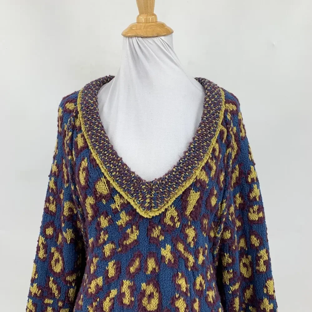 Free People Sweater Womens S Small Multi Little Animal Pullover V Neck Oversized
